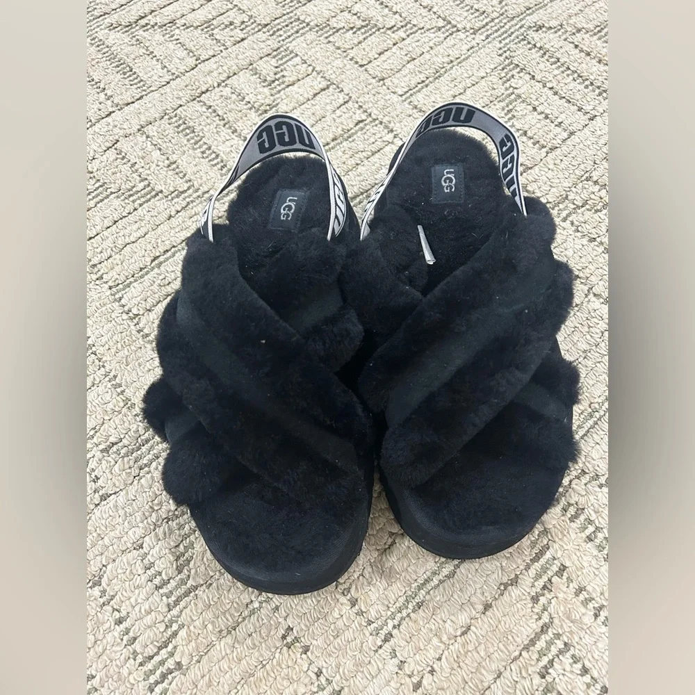 UGG Black Fluffy Slides with Logo Strap - Picture 8 of 10